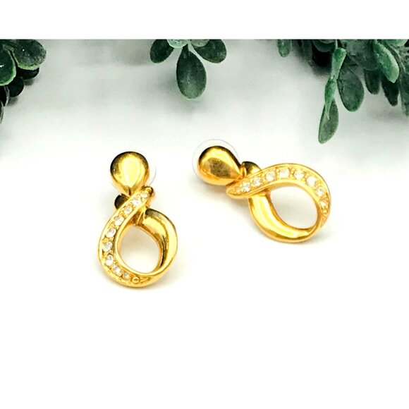 Vintage Style Gold-Tone Infinity Loop Crystal Earrings With Stud Backing & Clear - Picture 1 of 8